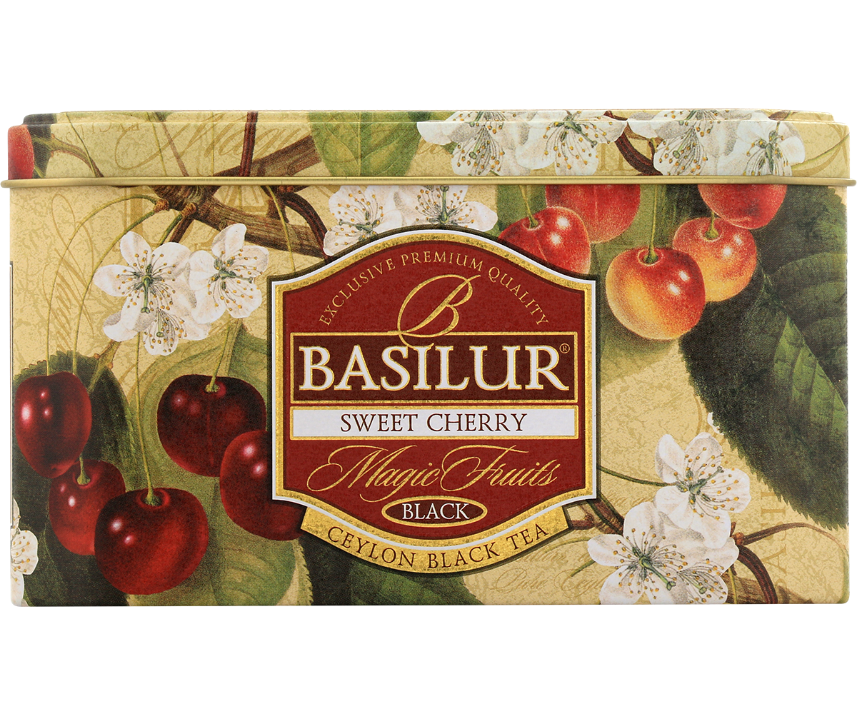 Puszka herbaty Basilur Sweet Cherry z motywem wiśni i kwiatów, czarna herbata cejlońska.