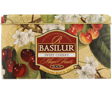 Puszka herbaty Basilur Sweet Cherry z motywem wiśni i kwiatów, czarna herbata cejlońska.