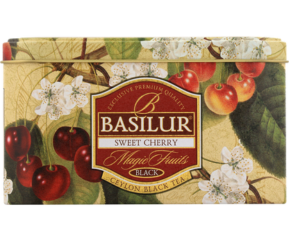 Puszka herbaty Basilur Sweet Cherry z motywem wiśni i kwiatów, czarna herbata cejlońska.