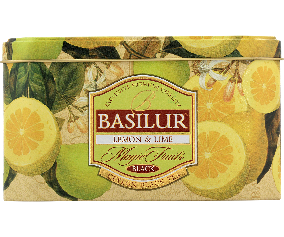 Herbata Basilur Lemon & Lime w ozdobnej puszce z motywem cytrusów.