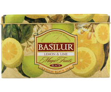 Herbata Basilur Lemon & Lime w ozdobnej puszce z motywem cytrusów.