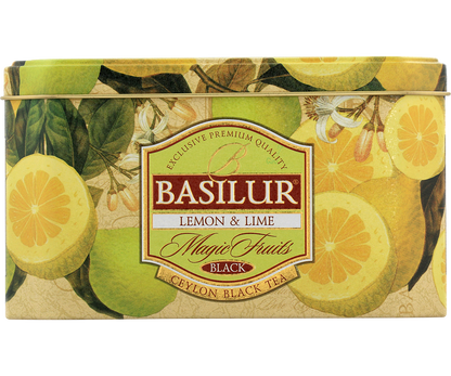 Herbata Basilur Lemon & Lime w ozdobnej puszce z motywem cytrusów.