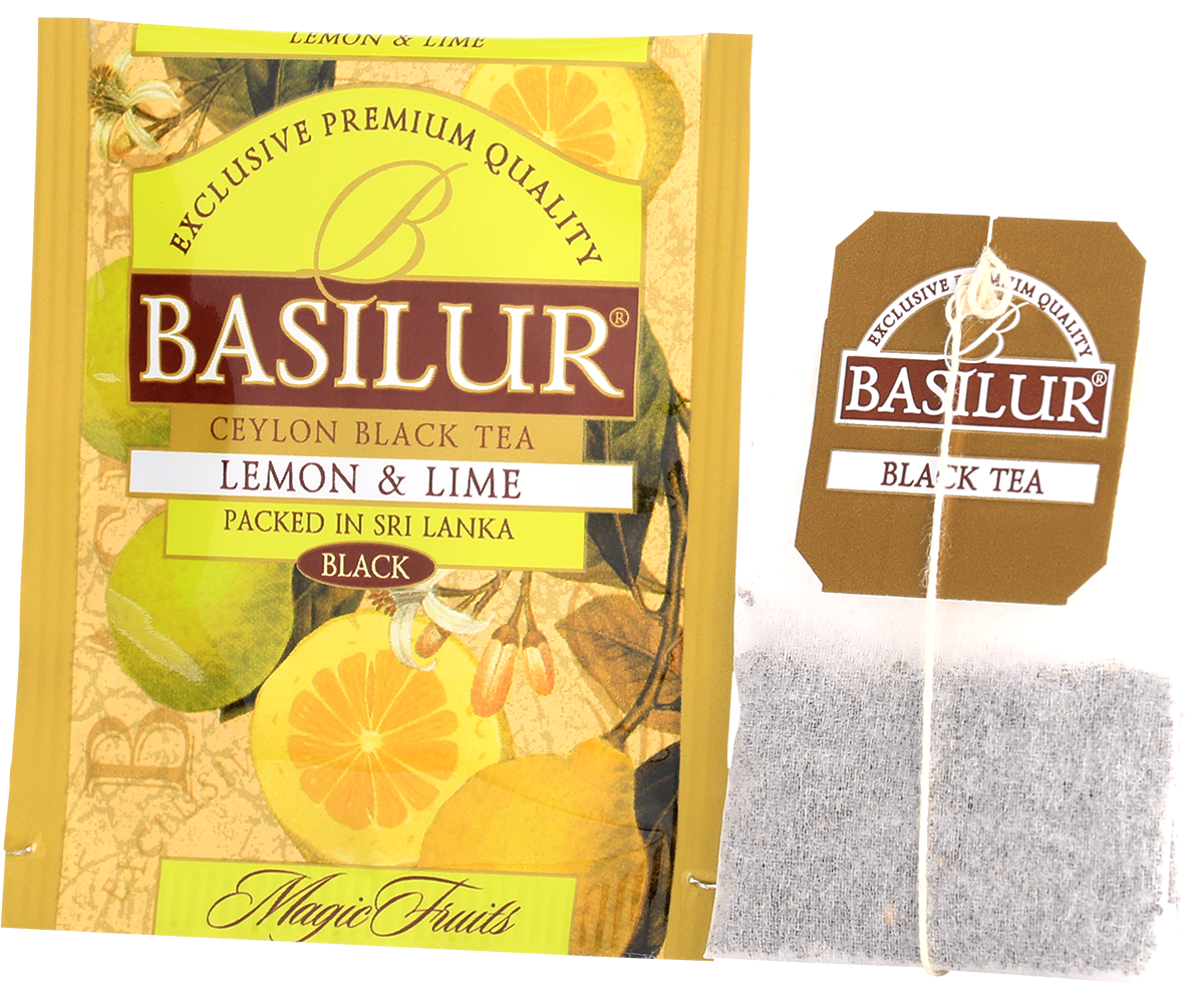 Koperta i torebka herbaty Basilur Lemon & Lime z serii Magic Fruits.