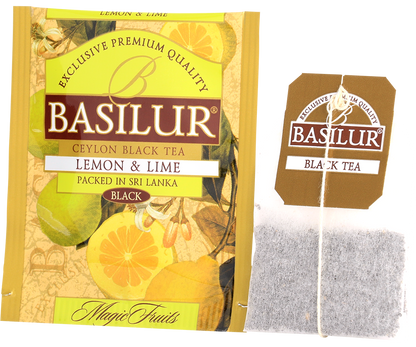Koperta i torebka herbaty Basilur Lemon & Lime z serii Magic Fruits.