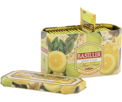 Otwarta puszka Basilur Lemon & Lime z 20 kopertami herbaty.