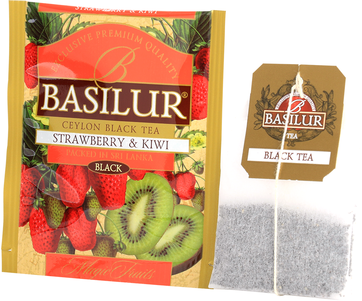 Koperta i torebka herbaty Basilur Strawberry & Kiwi z serii Magic Fruits.