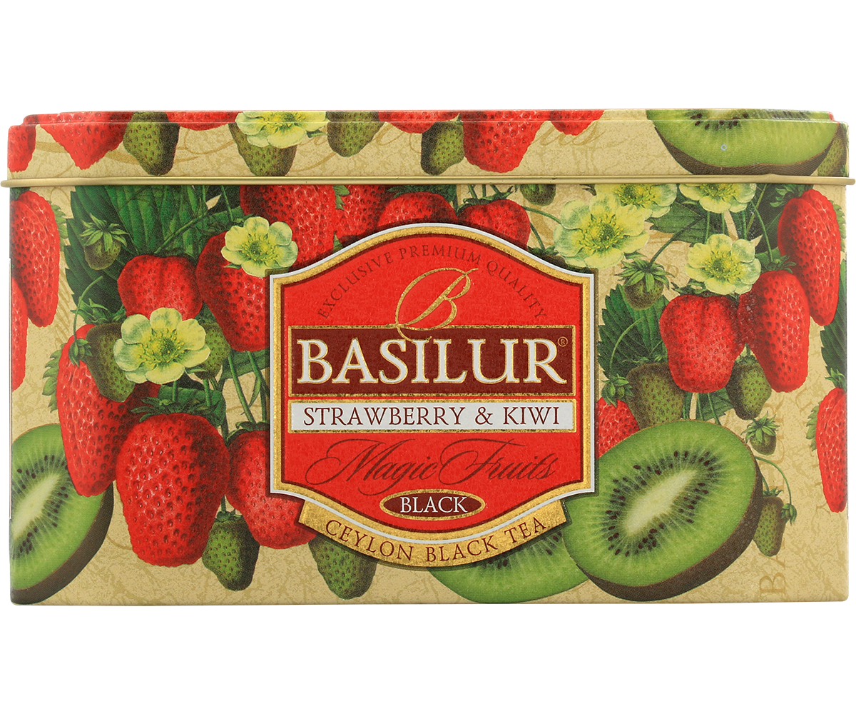 Puszka herbaty Basilur Strawberry & Kiwi – czarna herbata cejlońska z owocami.