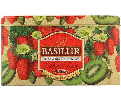 Puszka herbaty Basilur Strawberry & Kiwi – czarna herbata cejlońska z owocami.