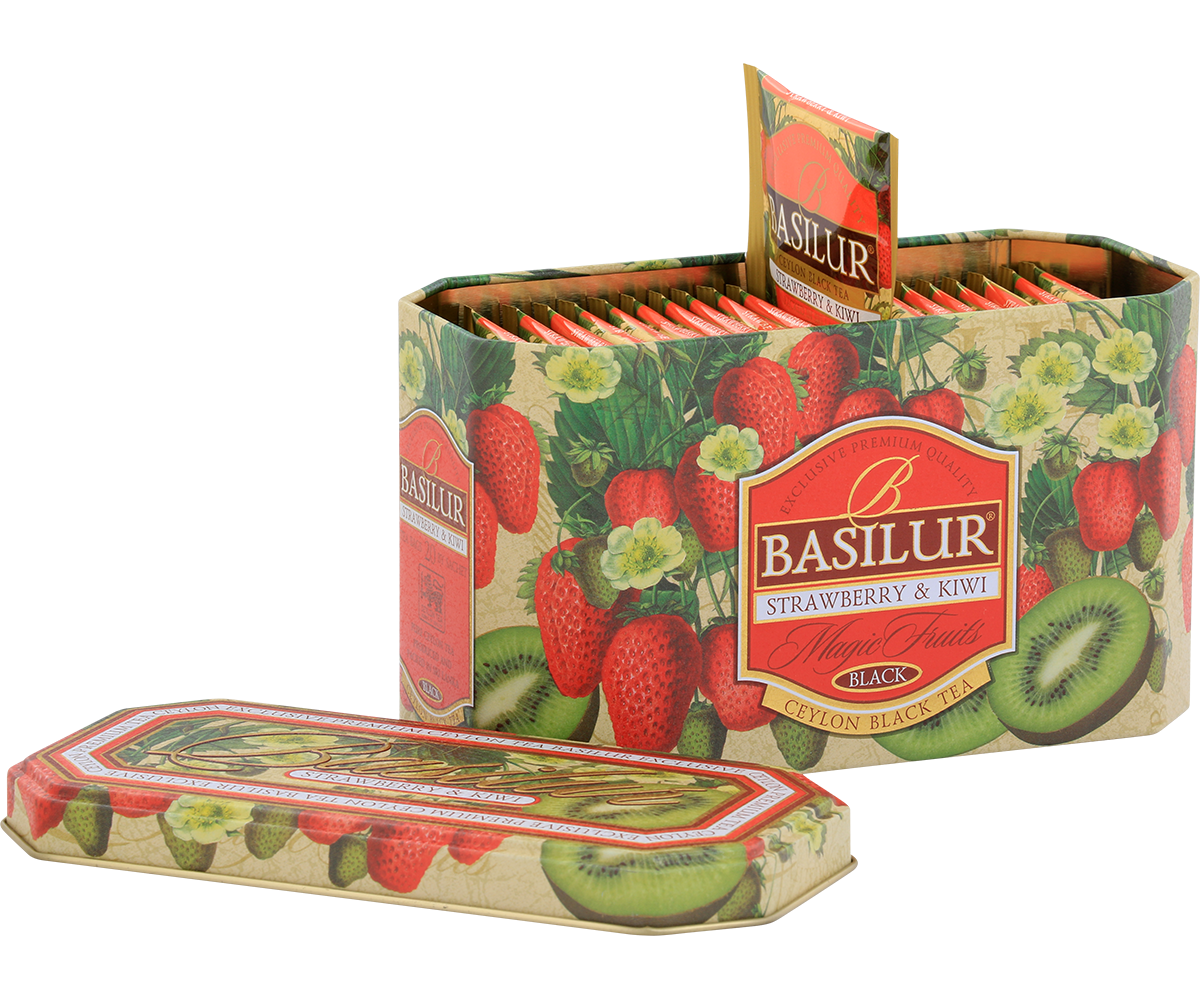 Otwarta puszka Basilur Strawberry & Kiwi z 20 kopertami herbaty.