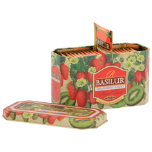 Otwarta puszka Basilur Strawberry & Kiwi z 20 kopertami herbaty.