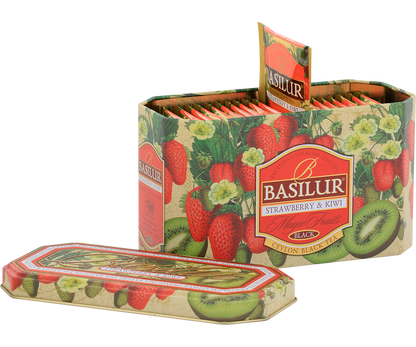 Otwarta puszka Basilur Strawberry & Kiwi z 20 kopertami herbaty.
