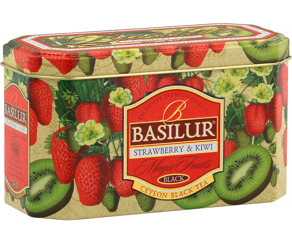 Herbata Basilur Strawberry & Kiwi w ozdobnej puszce z motywem truskawek i kiwi.