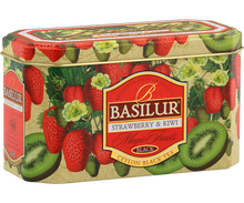 Herbata Basilur Strawberry & Kiwi w ozdobnej puszce z motywem truskawek i kiwi.
