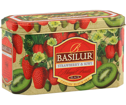 Herbata Basilur Strawberry & Kiwi w ozdobnej puszce z motywem truskawek i kiwi.