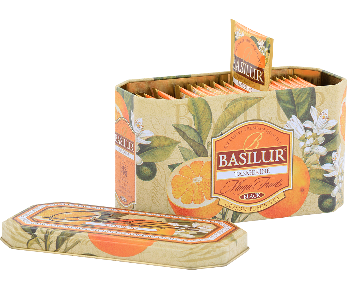 Otwarta puszka Basilur Tangerine z 20 kopertami herbaty.