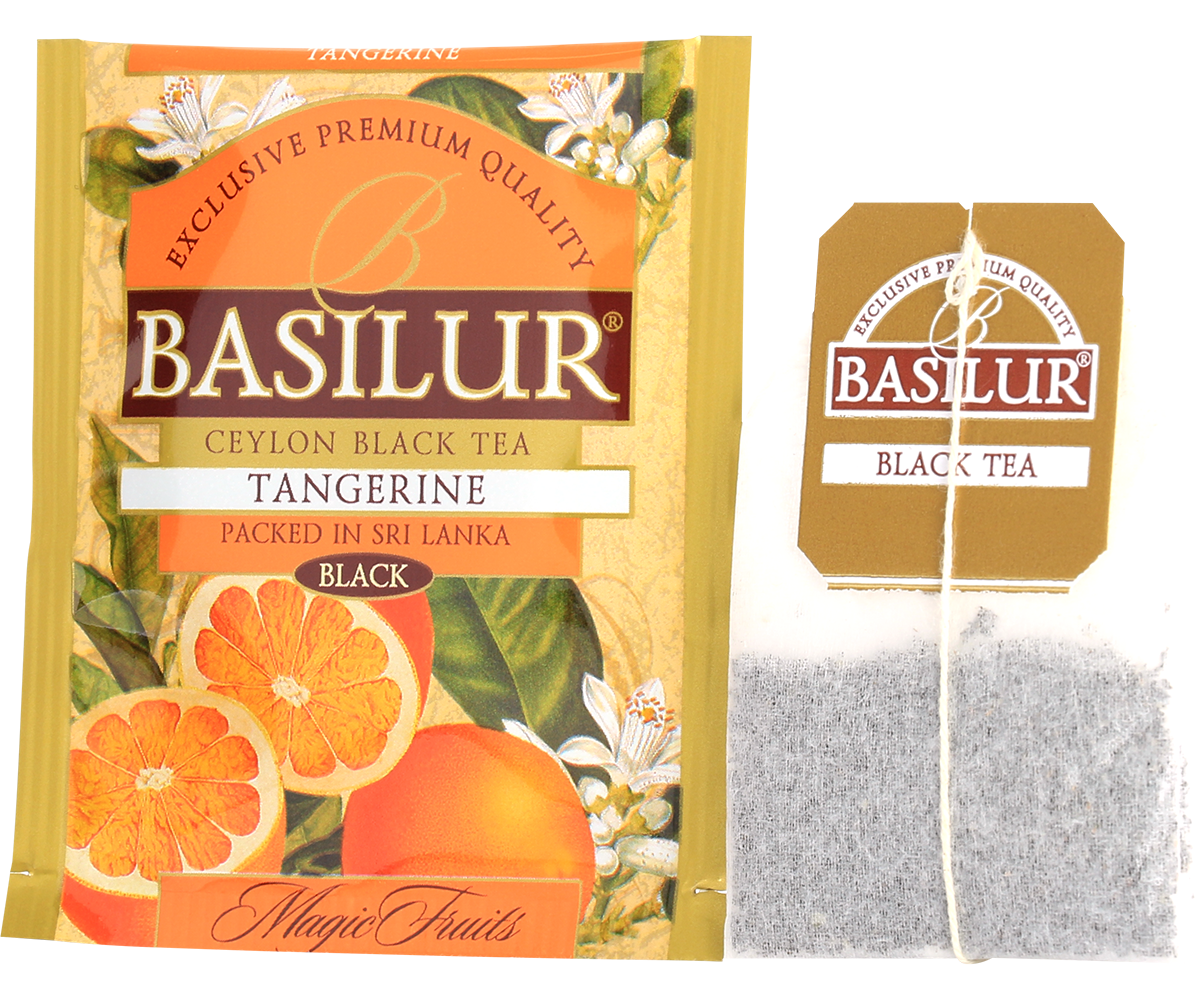 Koperta i torebka herbaty Basilur Tangerine z serii Magic Fruits.
