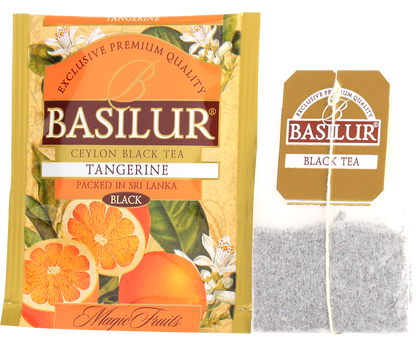 Koperta i torebka herbaty Basilur Tangerine z serii Magic Fruits.