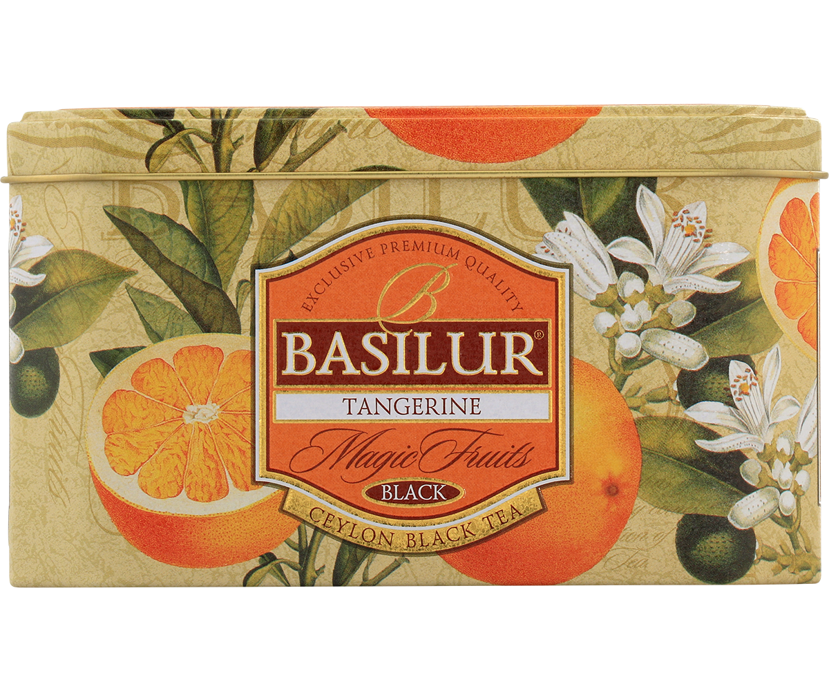 Puszka herbaty Basilur Tangerine – czarna herbata cejlońska z mandarynką.