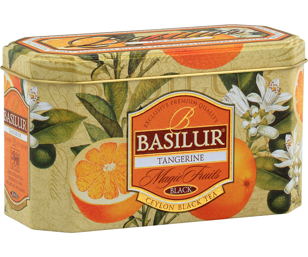 Herbata Basilur Tangerine w ozdobnej puszce z motywem mandarynek i kwiatów cytrusowych.