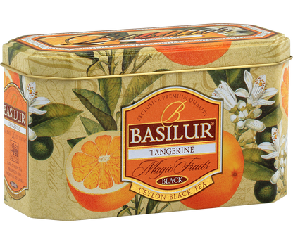 Herbata Basilur Tangerine w ozdobnej puszce z motywem mandarynek i kwiatów cytrusowych.