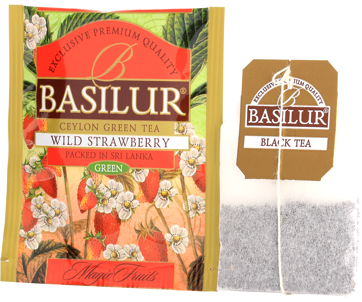 Koperta i torebka herbaty Basilur Wild Strawberry – zielona herbata cejlońska z nutą truskawki.