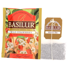 Koperta i torebka herbaty Basilur Wild Strawberry – zielona herbata cejlońska z nutą truskawki.