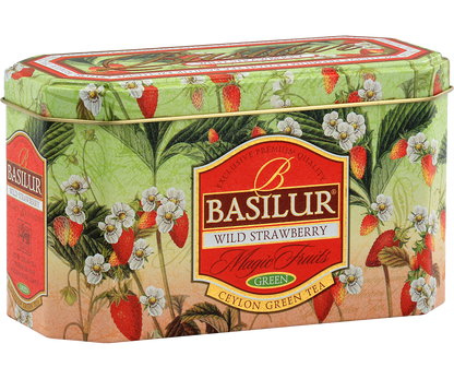 Boczne ujęcie puszki Basilur Wild Strawberry z ozdobnym nadrukiem owoców truskawki.
