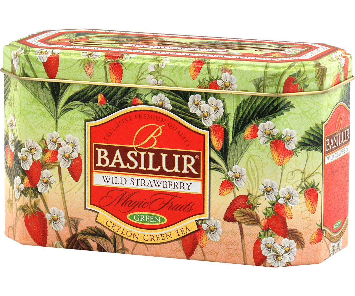 Herbata Basilur Wild Strawberry w eleganckiej metalowej puszce z motywem dzikich truskawek.