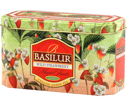 Herbata Basilur Wild Strawberry w eleganckiej metalowej puszce z motywem dzikich truskawek.