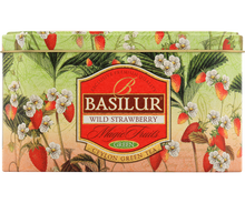 Puszka herbaty Basilur Wild Strawberry z motywem truskawek i kwiatów, zielona herbata cejlońska.