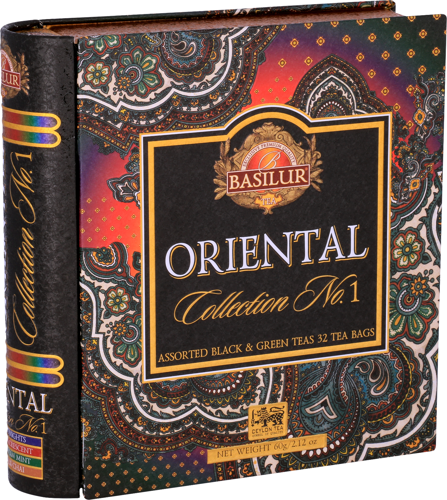 Opakowanie boczne herbat Basilur Oriental Collection No. 1 z orientalnym wzorem.