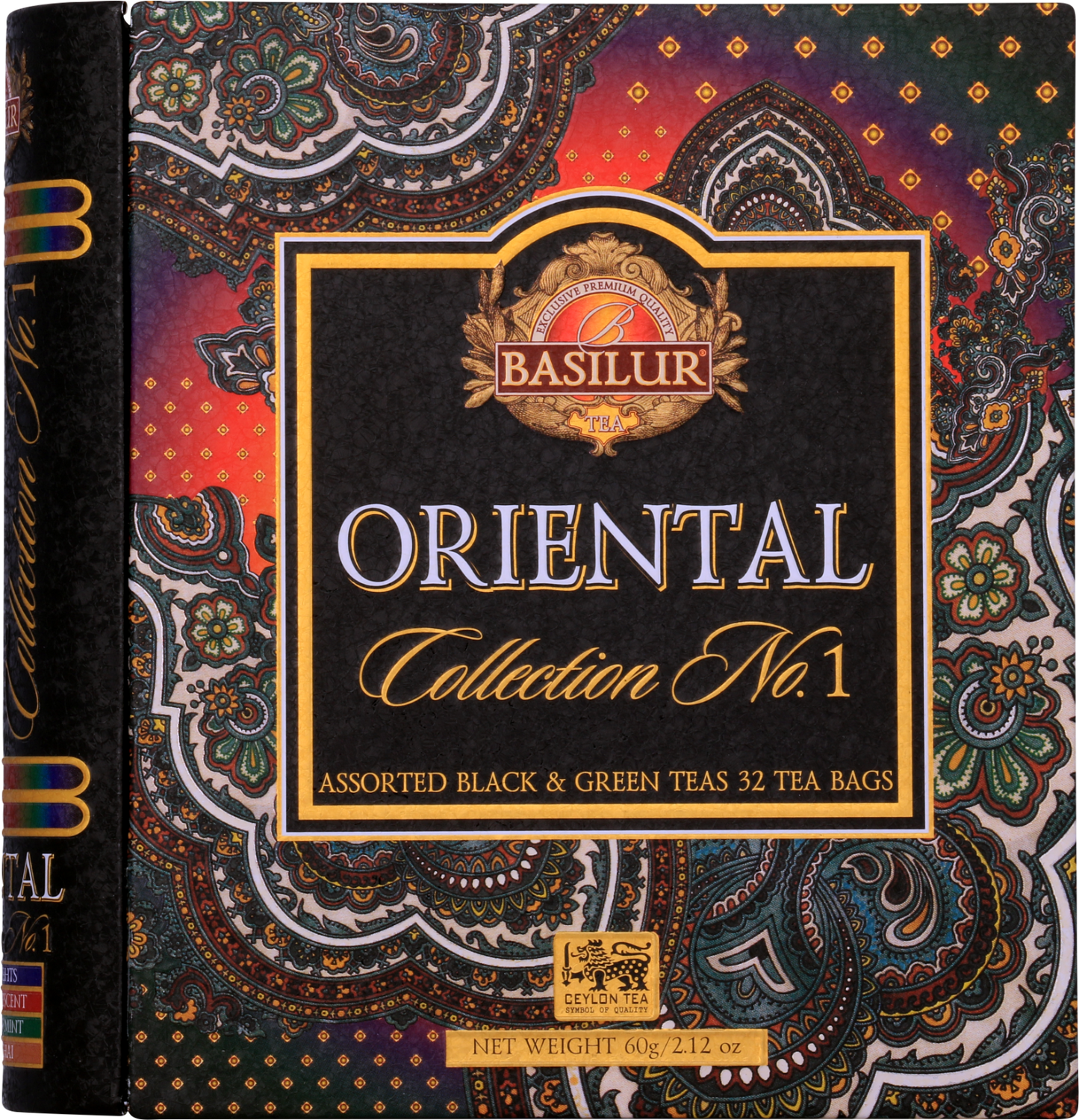 Front pudełka Basilur Oriental Collection No. 1 z bogatym ornamentem.