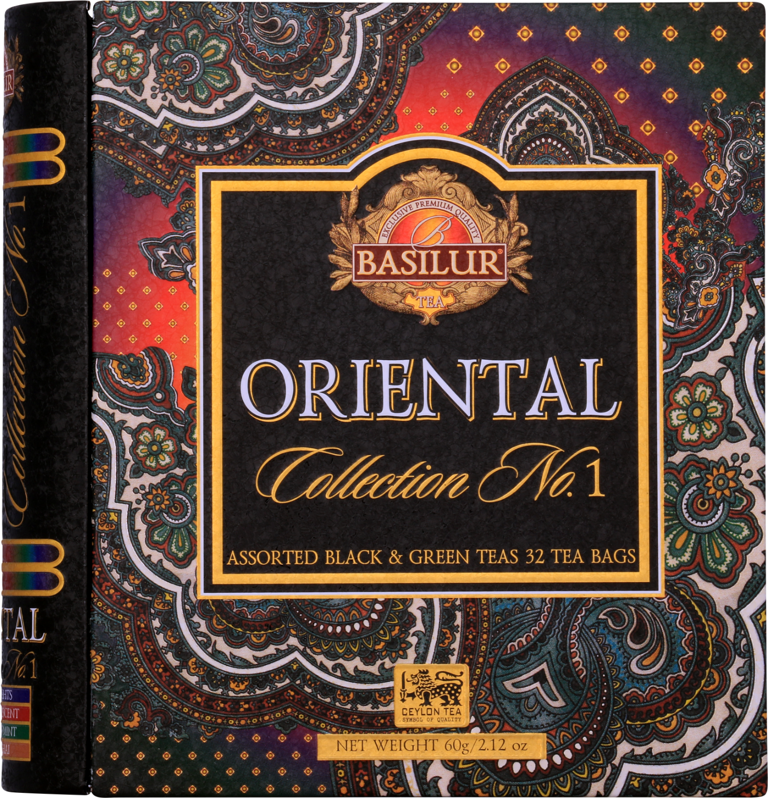 Front pudełka Basilur Oriental Collection No. 1 z bogatym ornamentem.