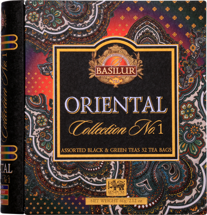 Front pudełka Basilur Oriental Collection No. 1 z bogatym ornamentem.