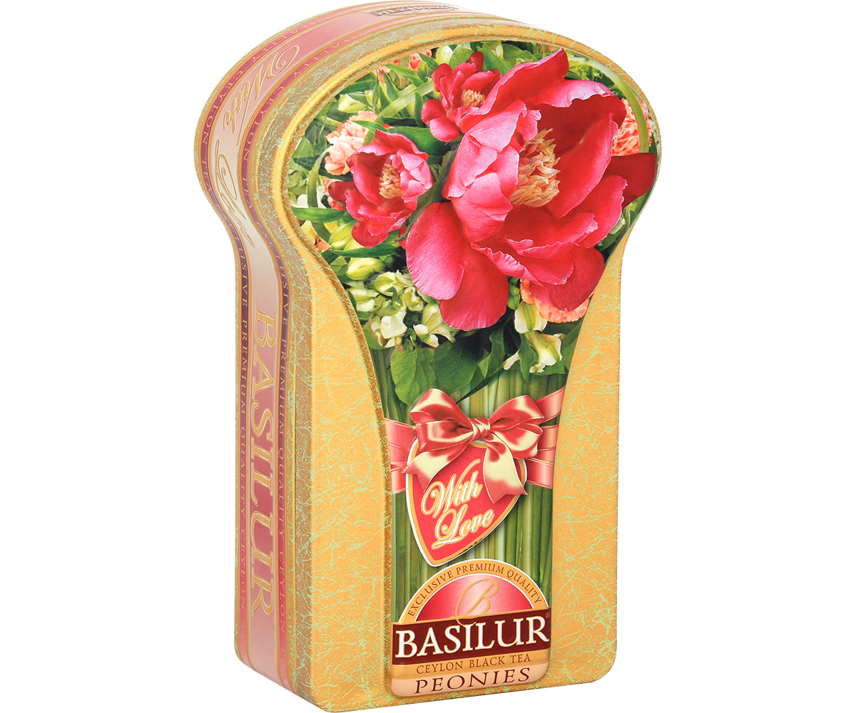 Herbata Basilur Peonies 100 g w ozdobnej puszce z motywem piwonii – czarna herbata cejlońska.