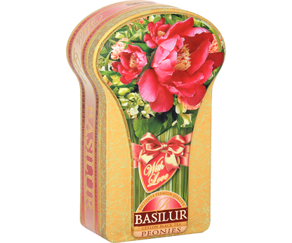 Herbata Basilur Peonies 100 g w ozdobnej puszce z motywem piwonii – czarna herbata cejlońska.