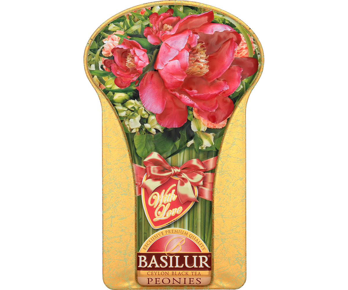 Puszka Basilur Peonies w kształcie bukietu – elegancki prezent z czarną herbatą.