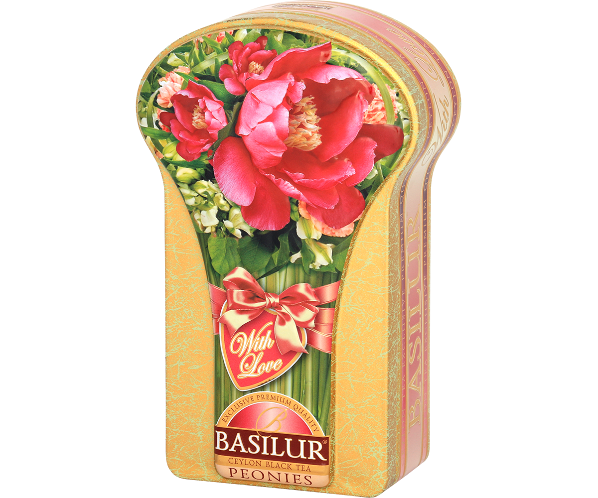 Złoto-różowa puszka Basilur Peonies – herbata cejlońska w wyjątkowym opakowaniu z kwiatami.