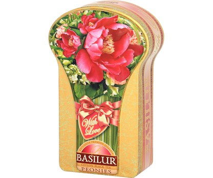 Złoto-różowa puszka Basilur Peonies – herbata cejlońska w wyjątkowym opakowaniu z kwiatami.