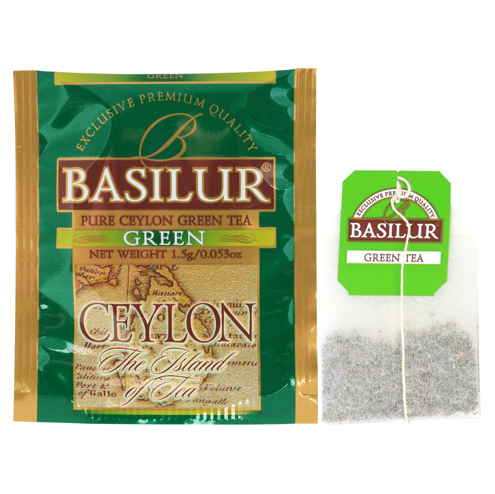 Saszetka i torebka z herbatą Basilur Green Ceylon – zielona herbata cejlońska.