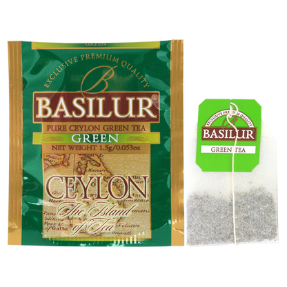 Saszetka i torebka z herbatą Basilur Green Ceylon – zielona herbata cejlońska.
