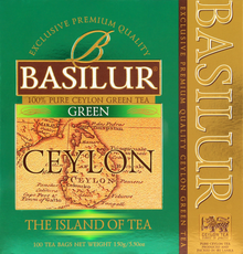 Zielona herbata Basilur Ceylon Green Tea – eleganckie pudełko z pozłacanymi detalami.