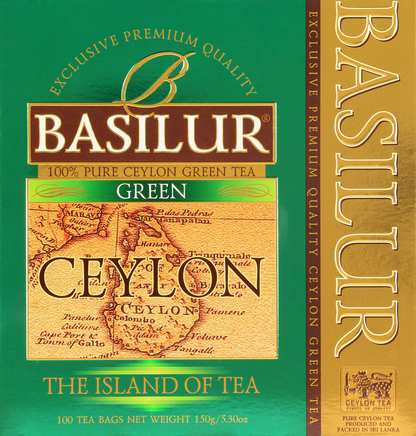 Zielona herbata Basilur Ceylon Green Tea – eleganckie pudełko z pozłacanymi detalami.