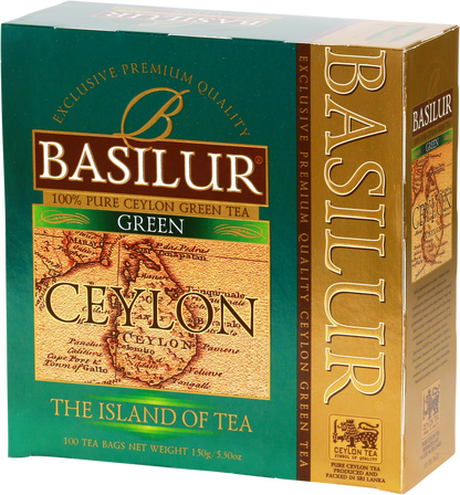 Herbata Basilur Green w kartonowym opakowaniu z mapą Cejlonu – 100 kopert.