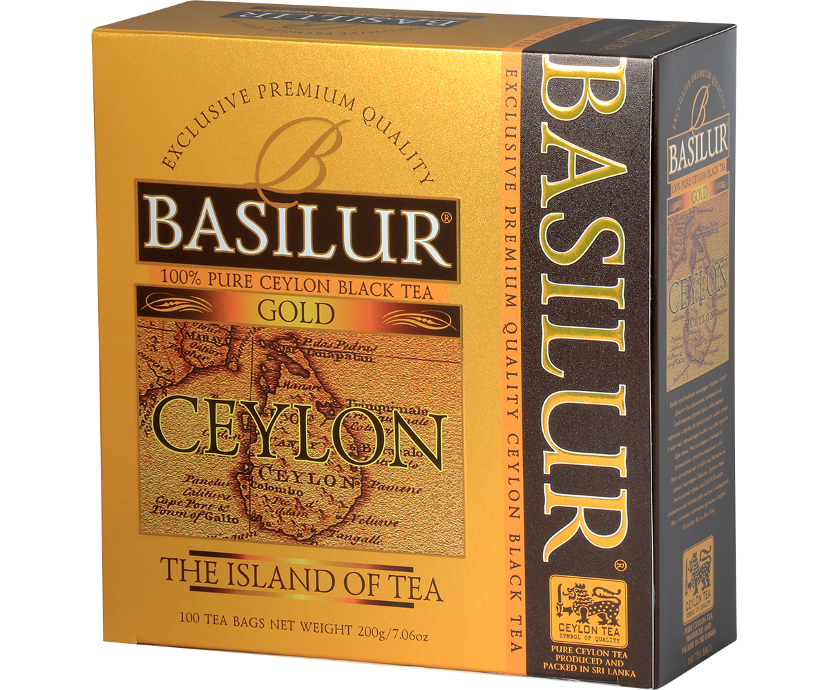 Bok pudełka Basilur Gold – eleganckie opakowanie herbaty premium.