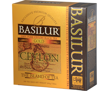 Bok pudełka Basilur Gold – eleganckie opakowanie herbaty premium.