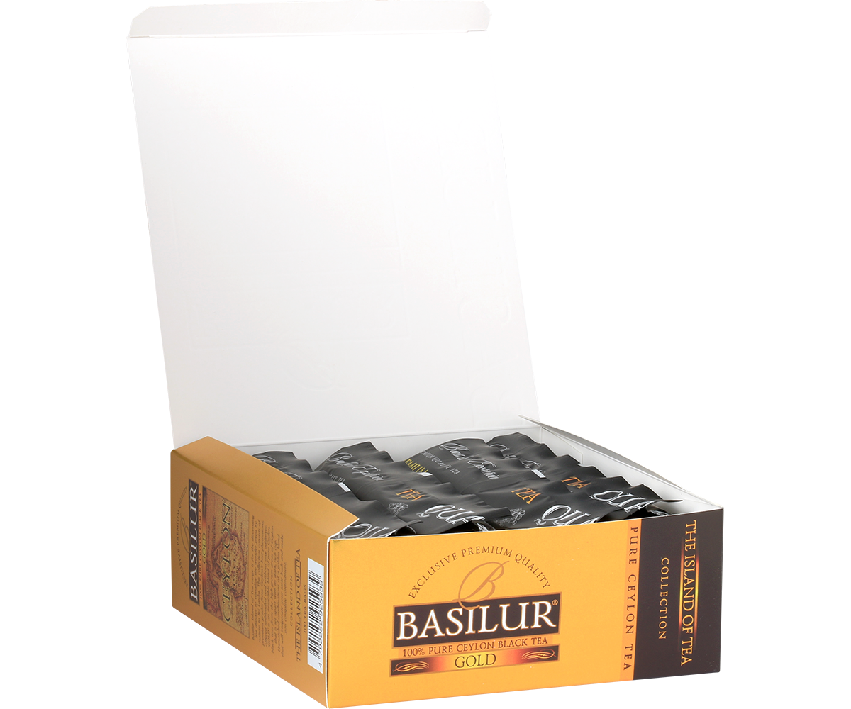 Zawartość opakowania Basilur Gold – zapakowane torebki czarnej herbaty z Cejlonu.