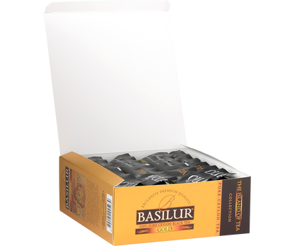 Zawartość opakowania Basilur Gold – zapakowane torebki czarnej herbaty z Cejlonu.