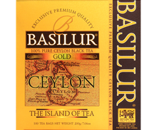 Opakowanie herbaty Basilur Gold – czarna herbata cejlońska w złotym pudełku, 100 torebek.