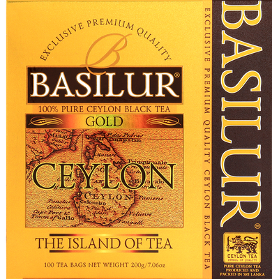 Opakowanie herbaty Basilur Gold – czarna herbata cejlońska w złotym pudełku, 100 torebek.